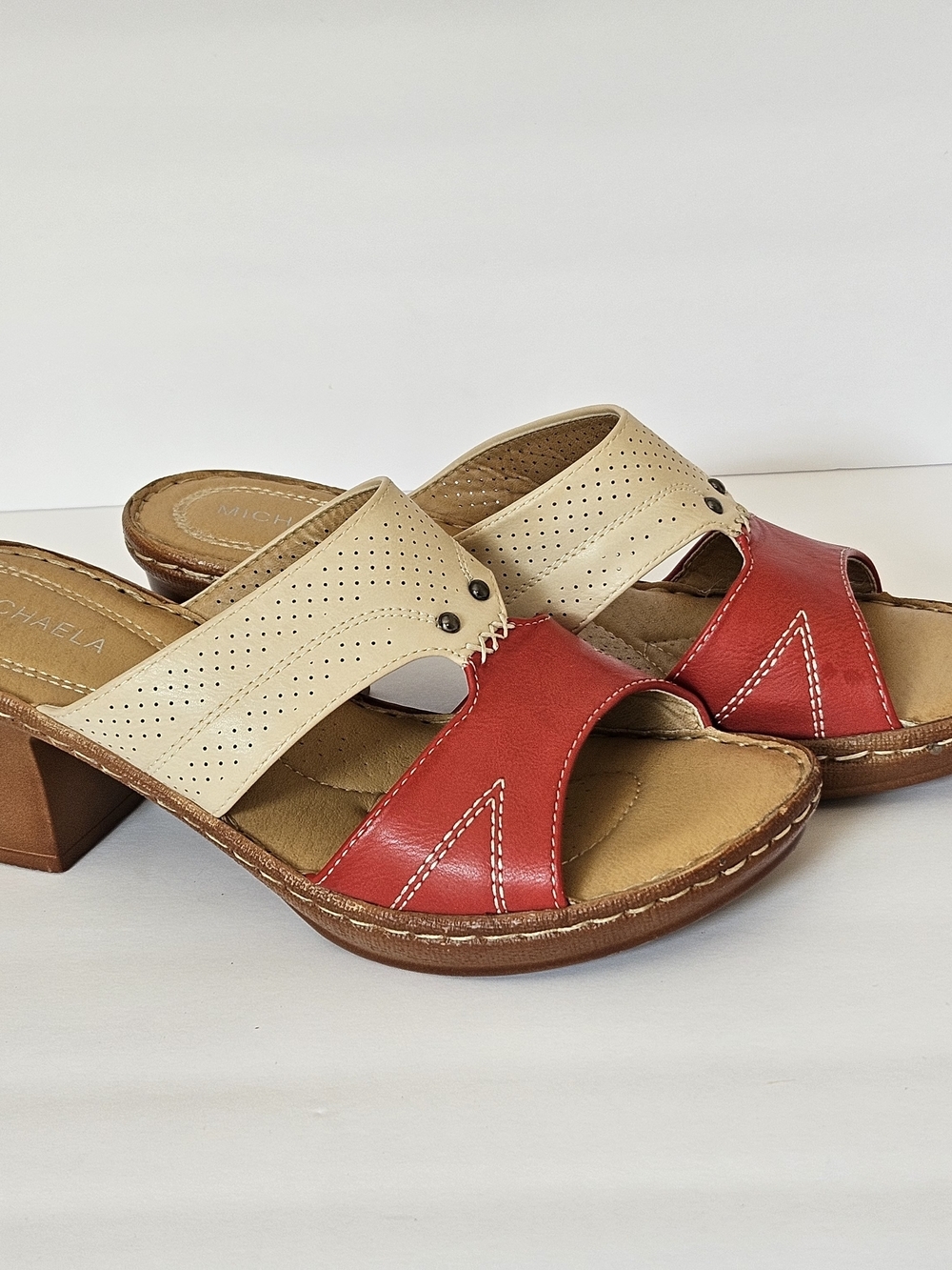 MICHAELA Women's Comfort Wedge Sandals Mules Colorblock Red Cream Size EU 40 - Picture 5 of 13